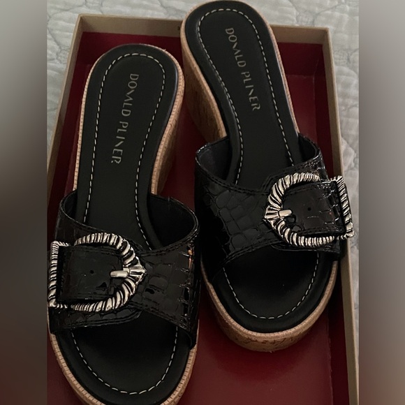 Donald J. Pliner Shoes - Donald J. Pliner Black Patent Wedge Slide with Silver Buckle SIZE 8 NIB